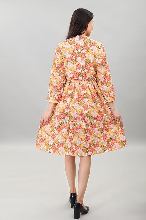 Image of A-Line Floral Printed Fit & Flared Western Brown Dress for Women | One Piece Midi Dress for Women Stylish Western Printed Dresses