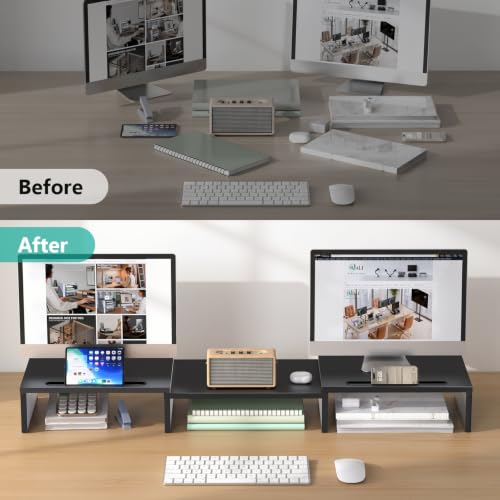 Image of WALI Extra Long Wooden Dual Monitor Stand Riser with 2 Slots, up to 22lbs | Underneath Storage, Adjustable Length & Angle, Multi-Purpose Desktop Organizer Desk Shelf for Home Office PC, Laptop, Printer