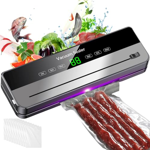 Machine sous vide 5 en 1 pour aliments avec 10 sacs sous vide de 20 x 30 cm, 65 Kpa, machine à souder amovible avec indicateur LED et coupe-aliments secs et humides...