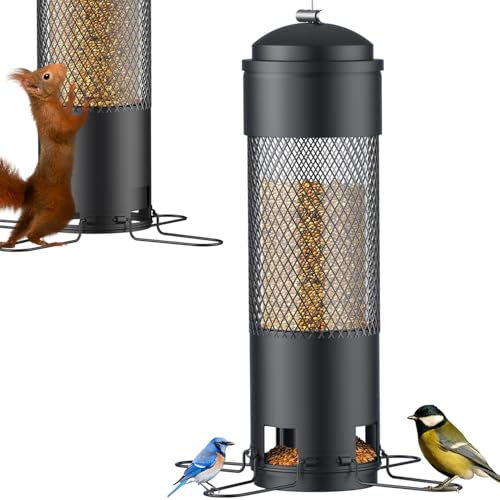 LCSEVEN Bird Feeders for Outdoors Squirrel Proof with Weight-Activated Perches, Hanging Bird Feeder for Outside, Metal Feeder for Wild Cardinal, Finch, Blue Jay, Chickadee, 3LB Seed Capacity, Black