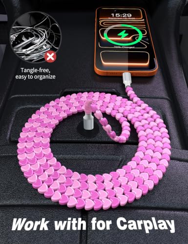 Image of USB C to USB C Cable 6FT,60W Fast Charging Beaded Charger Cord for iPhone 17 16 Pro Max 15 /iPad Pro 11th Air for Samsung S26 S25 S24 S23 A16 A17 /Android Phone Charger Cord Cute Girls Women,Pink-Hearts