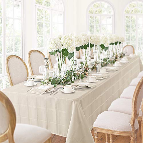 Elegance Plaid Contemporary Woven Solid Decorative Tablecloth By Newbridge, Polyester, No Iron, Soil Resistant Holiday Tablecloth, 70 Round, Beige #TOP2