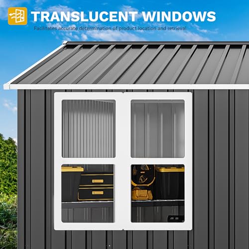Image of DWVO 8x6ft Large Tool Storage Shed with Window, Lockable Doors, and Sloped Roof, Oversized Steel Outdoor Storage Shed for Garden, Patio, Garage, Backyard, Lawn - Gray & White