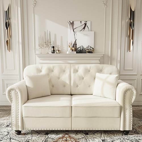 Image of KEIKI 63 inch Velvet Chesterfield Sofa with Rolled Arms & Nailhead Trim, Modern Upholstered 2-Seater Button Tufted Couch with High Resilience Cushion & 2 Pillow, Easy Assembly, for Living Room, White