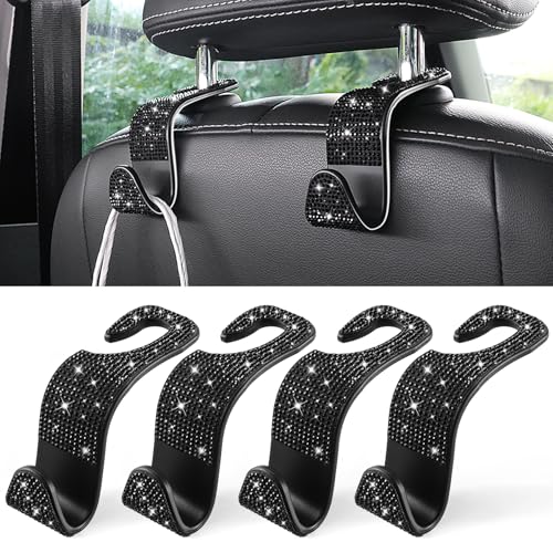 Image of LivTee Car Seat Headrest Hook, Auto Seat Hook Hangers Storage Organizer Interior Accessories for Purse Coats Umbrellas Grocery Bags Handbag, 4-Pack(Bling Black)