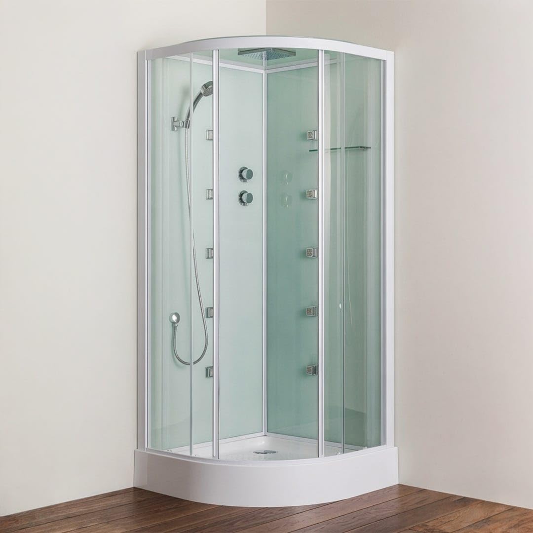 Kiamami Valentina - Cabina doccia multifunzione semicircolare 80cm con ante scorrevoli, soffione, doccino, 10 getti idromassaggio, cristallo temperato 4 mm, piatto doccia incluso Cosmo