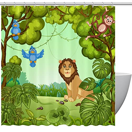 Rideau de douche aquarelle vert forêt avec lion et singe 183x183 cm - 2