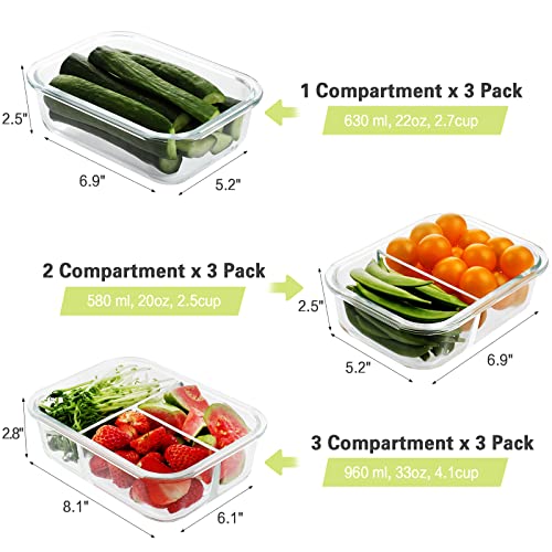 Homberking 9 Pack Glass Meal Prep Containers 3 & 2 & 1 Compartment, Glass Food Storage Containers With Lids, Airtight Glass Lunch Bento Boxes, Bpa-Free & Leak Proof (9 Lids & 9 Containers) - White #TOP1
