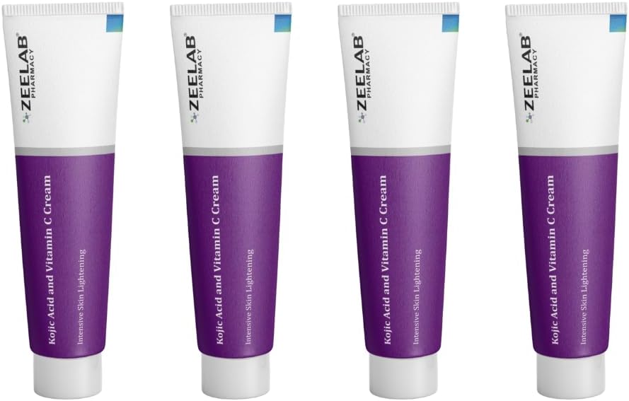 Zeelab Kojic Acid 2% and Vitamin C Cream for Pigmentation, Dark Spots, Discoloration, and Brightening – Lightweight Face and Body Cream for a Radiant Complexion – 20g Each (Pack of 4)