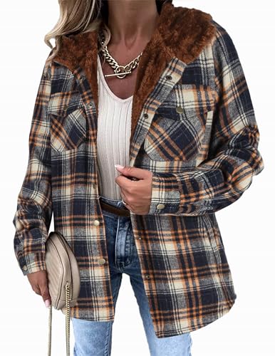 Zeagoo Women 2025 Winter Plaid Shacket Jacket Fleece Fur Hooded Jacket Long Sleeve Flannel Shirts Oversized Outwear