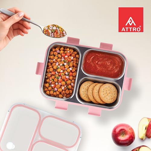 Image of ATTRO Trio Meal Stainless Steel Lunch Box with 3 Partition, Microwave Safe, Airtight Leakproof Silicone Seal Lid, BPA-Free Food Grade Tiffin Box for Office School Kids - 600ml - Pink
