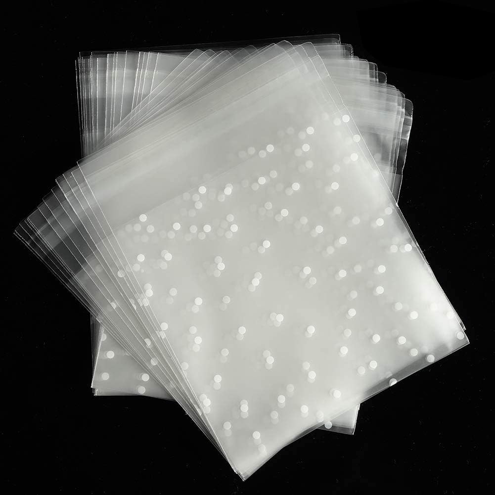 FRIUSATE 500 Pcs Clear Cellophane Bags, 4"x4" Food Sandwich Bags Self-Adhesive Sealing Treat Bags OPP Plastic Bag White Polka Dot Treat Bags for Candy, Soap, Cookie, Valentine Chocolates