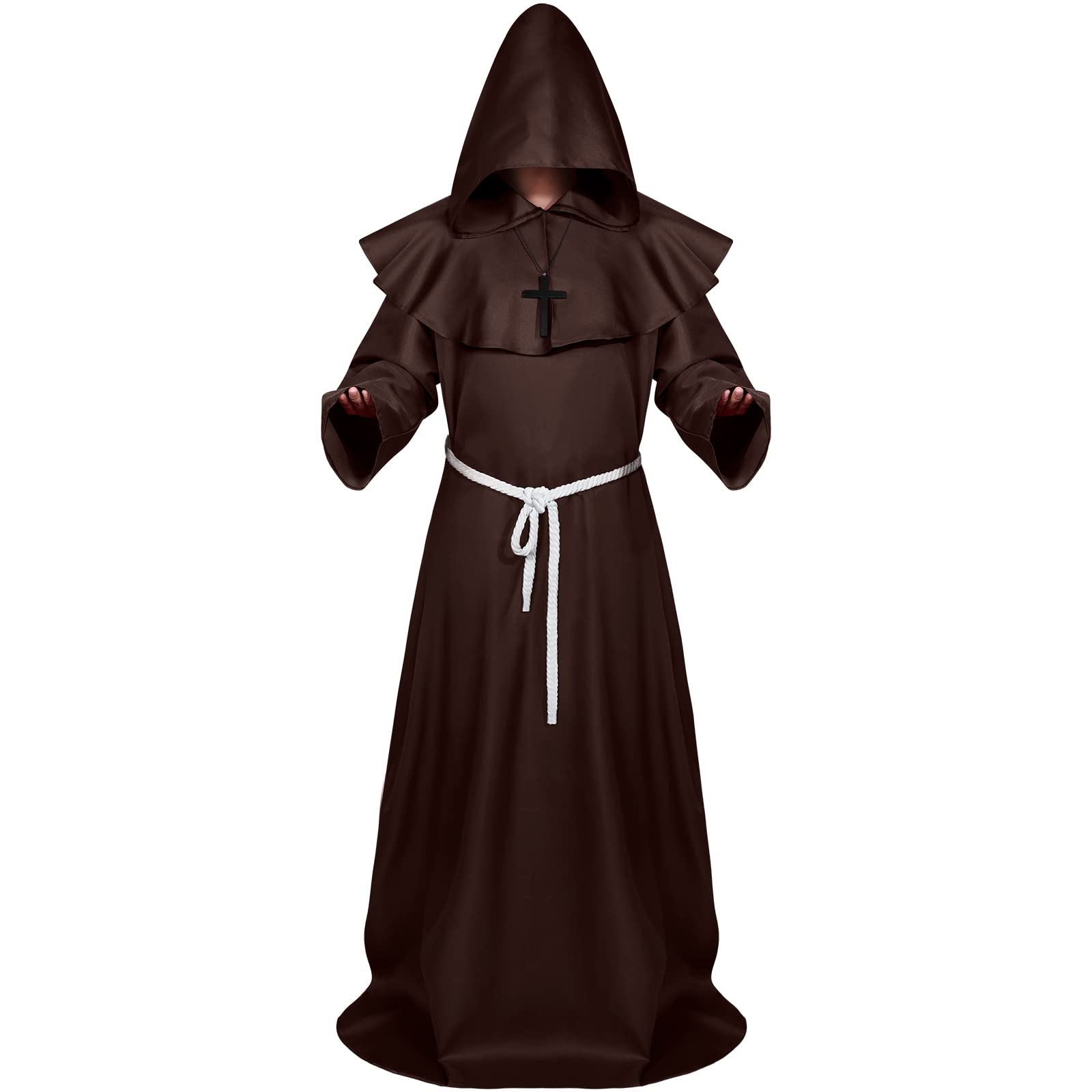 Cape à Capuchon Médiévale Moine – Robe Longue Halloween Sorcier Vampire Prêtre – Cosplay Renaissance Gothique – Noir / Vin Rouge / Marron