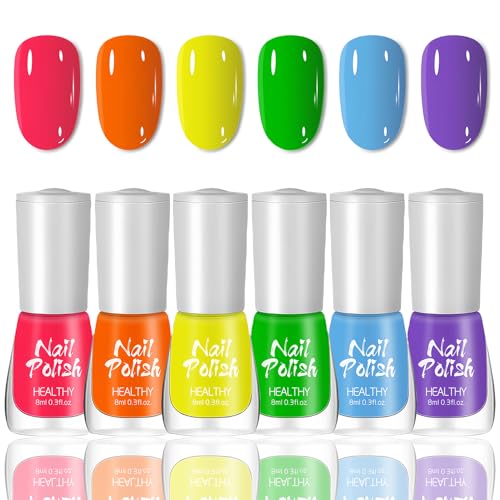 6 Farben Nagellack Neon Set - Atmungsaktiv Schnell Trocknend Nagelack - Ungiftig Nagellack auf Wasserbasis - Hochglanz Glitzer Nail Polish für Frauen DIY Salon Geschenk Maniküre (Colorful)