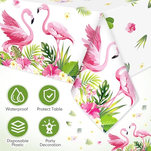 Image of Ganeen 3 Pcs Summer Flamingo Tablecloth Party Decorations, Hawaiian Tropical Plastic Table Cloth, Disposable Luau Table Cover Rectangle for Flamingo Birthday Party Decoration Supplies, 54 x 108 Inch