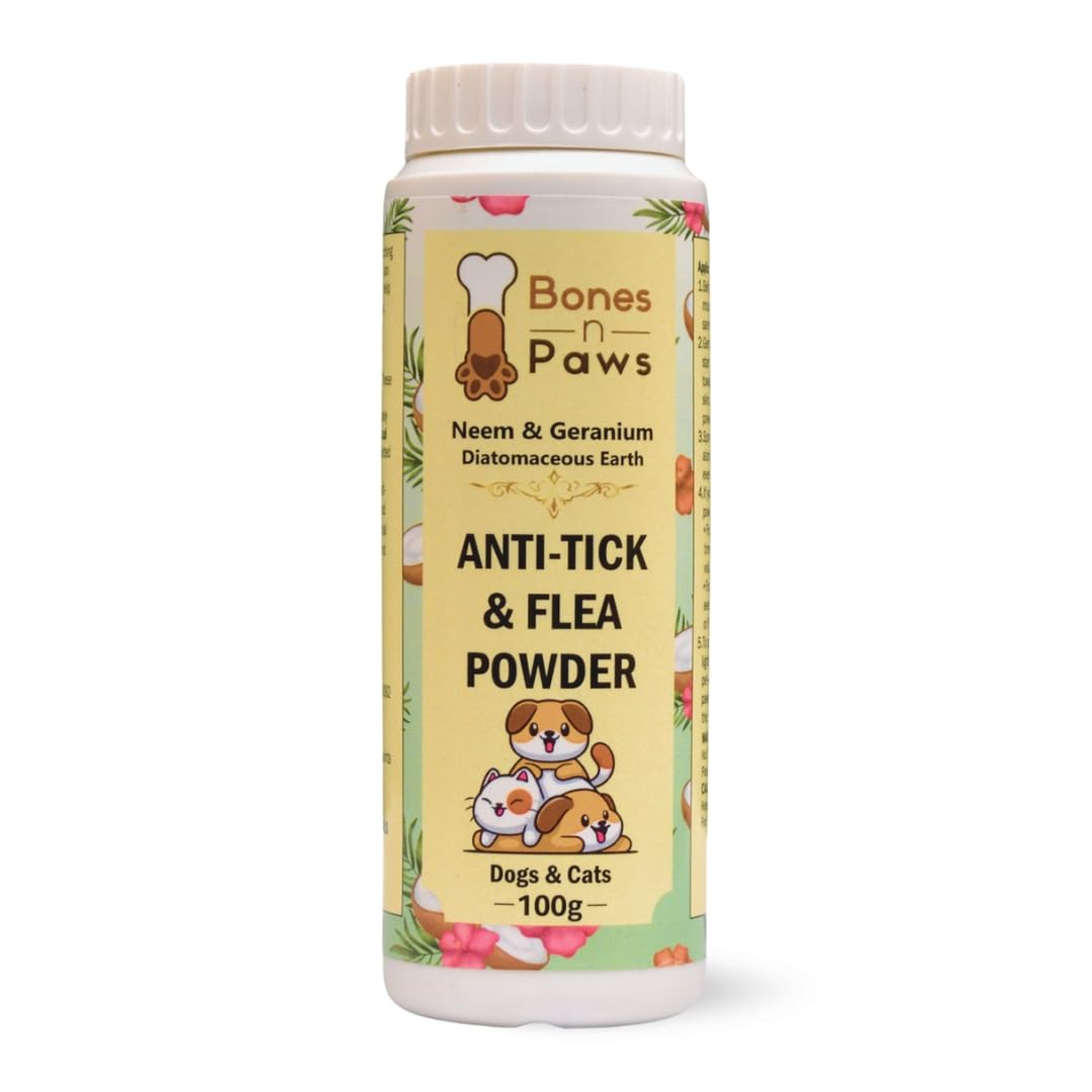 BONES N PAWS Anti-Tick & Flea Powder 100 G for Dogs & Cats | with Diatomaceous Earth, Neem, Geranium & Essential Oils | Kills Lice, Flea Eggs, Bacteria | Puppy Safe ,Anti-Fungal, Antibacterial.