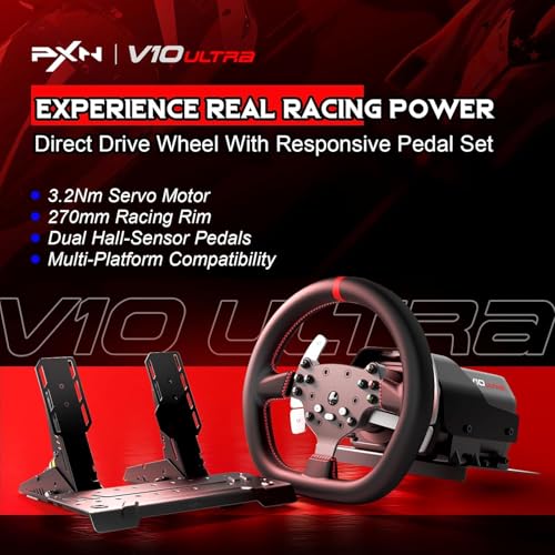Image of PXN V10 Ultra Direct Drive Racing Wheel, 3.2Nm Force Feedback, Hall Effect Metal Pedals, 4 Aluminum Paddle Shifters, Sim Racing Wheel for PC, PS4, Xbox Series