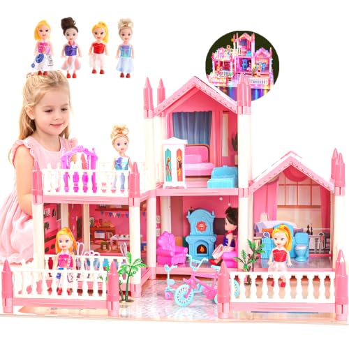 Puppenhaus für Mädchen mit Licht, Spielmatte, Puppen und Möbeln für Kinder von 3–8 Jahren