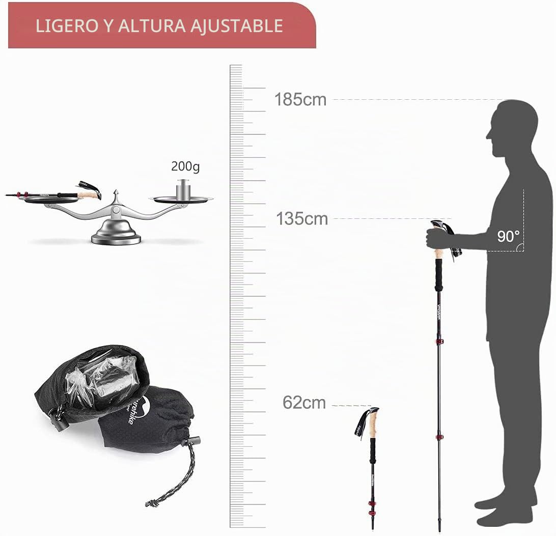 Naturehike Poste del Senderismo Fibra de Carbono Plegable Poste Telescópico con Corcho Natural Mango EVA Extensión Agarre Poste de Senderismo Acampar Nordic Ultra-luz