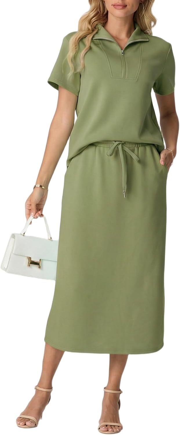 GRECERELLE Women's 2 Piece Casual Summer Set, Half Zip Short Sleeve Top & Back Slit Maxi Skirt with Pockets For Vacation