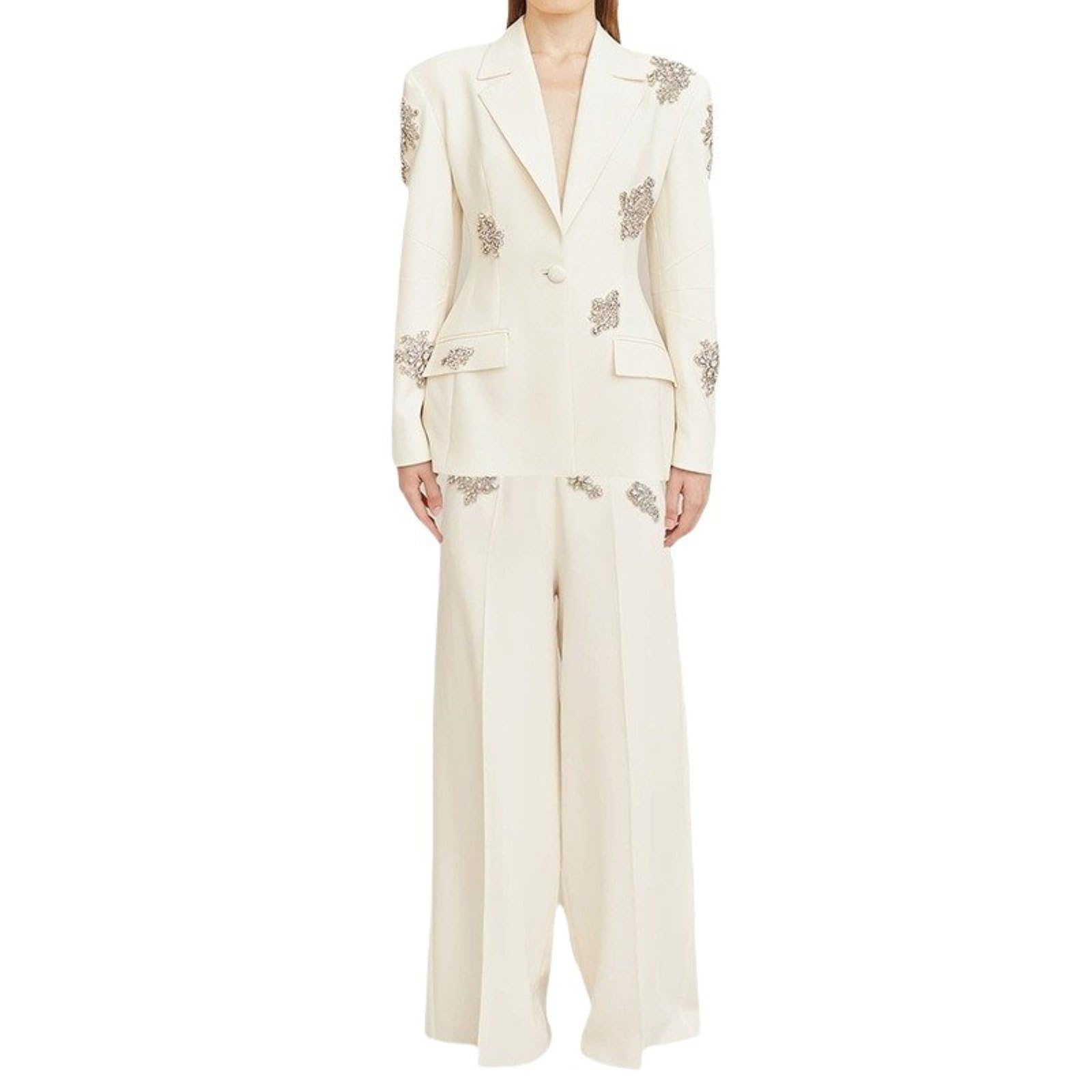 Womens Beaded Diamond Suits Set 2 Piece One Button Blazer Jacket High Waisted Pants Wedding Formal Suits