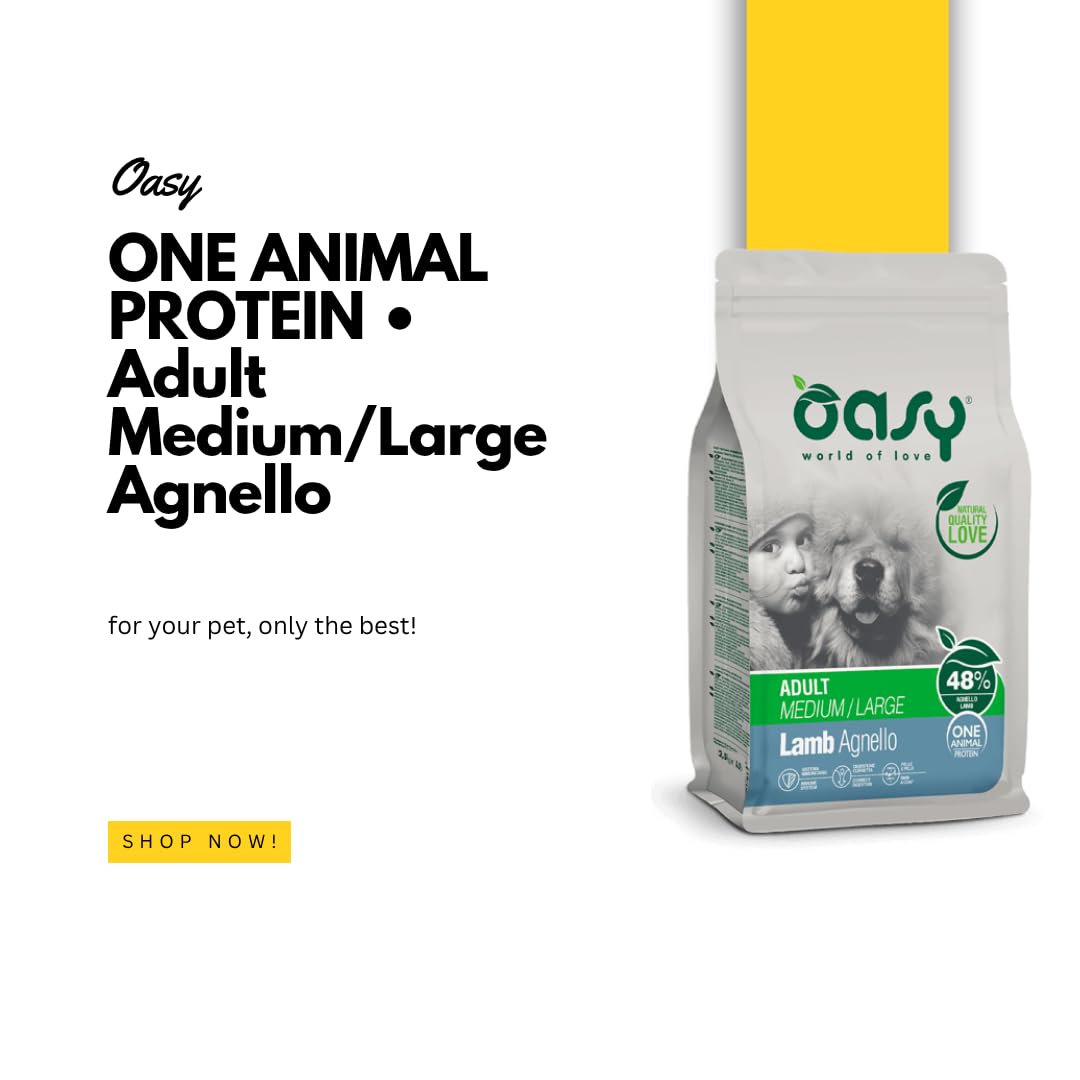 OASY Cane ONE ANIMAL PROTEIN • Adult Medium/Large Agnello | alimento secco completo per cani adulti di taglia media e grande, monoproteico, 1 confezione da 10kg.