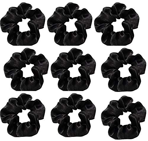 9Pcs Hair Scrunchies For Women Satin Elastic Hair Ties No Crease Silky Ponytail Holders No Damage Hair Bands Silk,Pack Of 9 (Black)