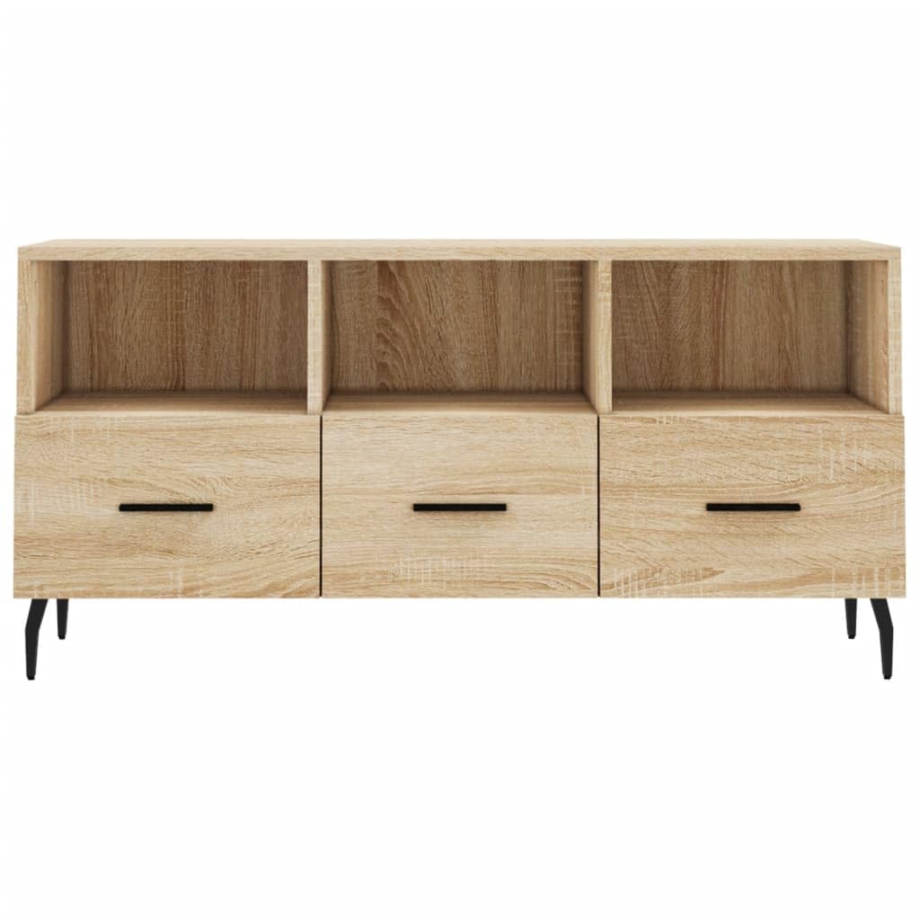 Szafka pod telewizor dąb Sonoma 102 x 36 x 50 cm, materiał drewnopochodny, wytrzymały mebel multimedialny z 3 szufladami, nowoczesny design do salonu, dużo miejsca do przechowywania