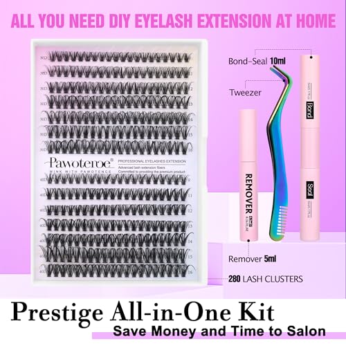 Image of Pawotence Lash Extension Kit DIY 280pcs Individual Lash Clusters Kit 30D 40D Cluster Eyelash Extensions Kit with Bond and Seal, Remover, Tweezers for Self Use (30D&40D, 9-16mm, All Kit)