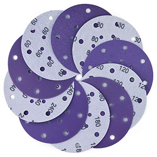 POLIWELL 6 Inch Sanding Discs 17 Hole Wet Dry 60 80 120 180 240 Grit 25 Pack Ceramic Coating Film Purple Hook & Loop Dustless Coarse Sandpaper for Random Orbital Sander Wood Sanding, Polishing