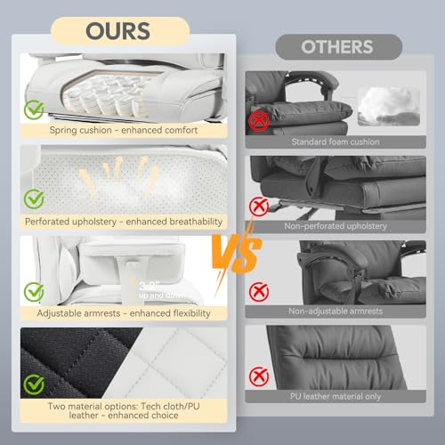 دوينكس كرسي مكتب كبير وطويل مع وسادة جيب زنبركية، كراسي العاب كمبيوتر عالية الظهر مع مساند ذراع قابلة للتعديل ودعم اسفل الظهر، كراسي مكتب تنفيذية مع مسند للقدمين (جلد صناعي، ابيض)