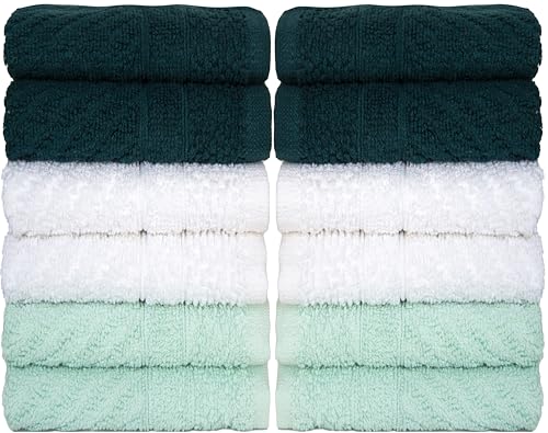 Image of PH Pleasant Home Diagonal Wash Cloths Set - 12 Pack (12 inch x 12 inch) - 509 GSM - 100% Ring Spun Cotton Wash Cloth - Super Soft and Highly Absorbent Face Towels (Green, White & Mint)