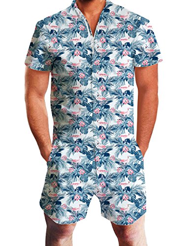 Loveternal Male Romper 3D Flamant Hawaïenne Jumpsuit Onepiece Combinaison Beach Tenue de Soirée Manches Courtes Personnalisé Pantalon Salopette L