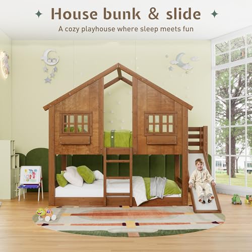 Image of Jocisland Twin Over Twin Bunk Bed with Slide and Ladder, Solid Wood, Oak | Play House Bunk Bed, 14 inch Safety Guardrails, Window Box Shelf, No Box Spring Needed, Noise-Free, Easy assembly