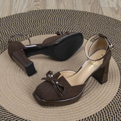 Chunky Platform Heels with Bow for Women Square Closed Toe Ladies Black Dress Suede Pumps Shoes for Wedding Party Bridal Ankle Strap High Heels4
