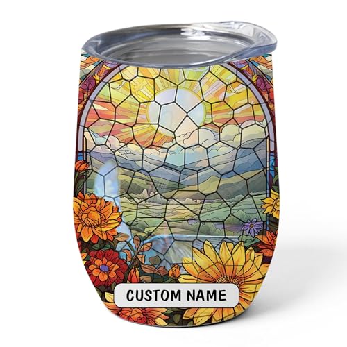 Personalized Name Mountain Bluebird Tumbler 12oz Stainless Steel Vacuum Insulated Cup With Lid - Stained Glass Art Style Custom Gifts for Bluebird Lovers