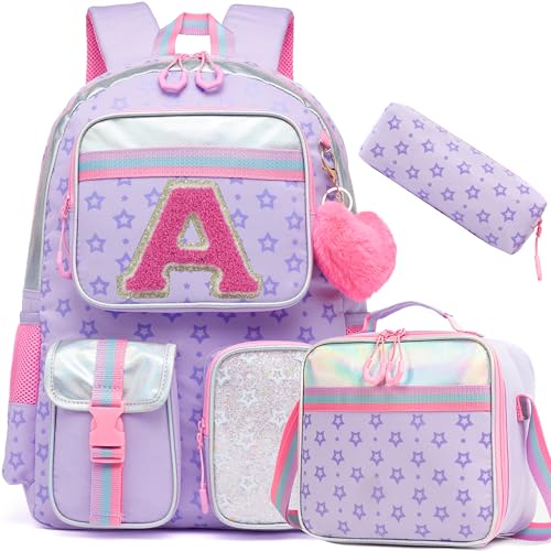 Meetbelify Mochila para meninas com letras para estudantes do ensino fundamental e adolescentes bolsa escolar fofa para crianças de 8 a 10 anos, Estrela, roxo