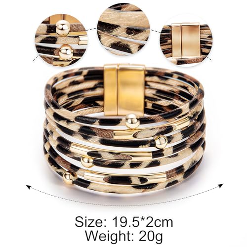 Image of Fesciory Leather Wrap Bracelets for Women, Boho Leopard Multi-Layer Crystal Beads Cuff Bracelet Jewelry