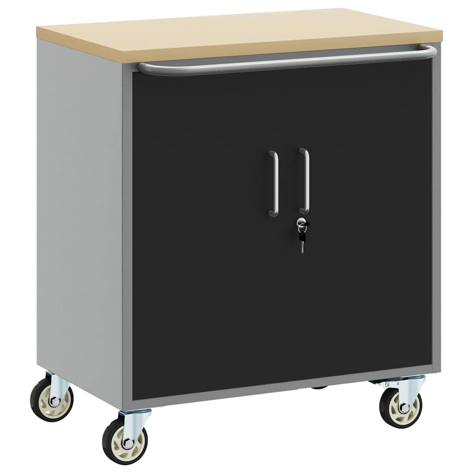Homgoday Banco da Lavoro Industriale con Ruote 75x45x85 cm Nero/Grigio in Legno e Acciaio con 1 Serratura a camma e 1 ripiano carico Max 100 kg.