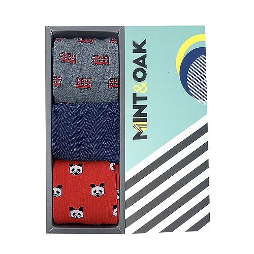 Image of Mint & Oak Printed Crew Socks For Men, Soft Cotton Calf Length Socks, Colorful Sock Gift For Men, Anti-Microbial & Odour Free, Funky Socks - Gift Box of 3