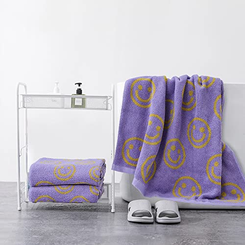 Idorespell Luxury Purple Yellow Cute Smiling Face Bath Towel Sets For Bathroom, 1 Bath Towels 2 Hand Towels Washcloths, 100% Cotton Ultra Soft Highly Absorbent For Women Kids Girl Boy Face Body thumb #3