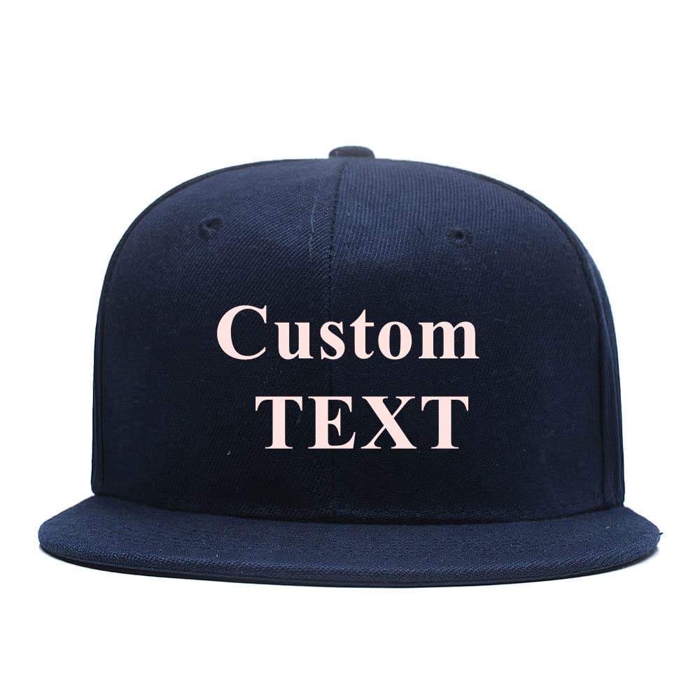Flat Bill Classic Hat Adjustable Personalised Brim High Top End Trendy Color Style Plain Tone Custom Baseball Cap (Navy)