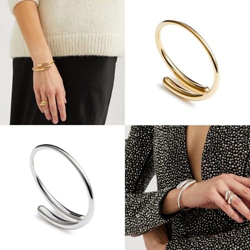 NOKMIT 14K Gold Filled Cuff Bnagle Bracelets for Women Bypass Teardrop Adjustable Wrap Open Bracelet Simple Minimalist Statement Stackable Bracelets High Polished Smooth Gold Silver Tone2