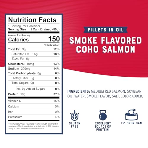Image of Bumble Bee Smoked Red Coho Salmon Fillets in Oil, 3.75 oz (Pack of 2) | 19g Protein per Can, Omega-3 Rich, Gluten Free, Keto Friendly, Skinless & Boneless, Ready to Eat