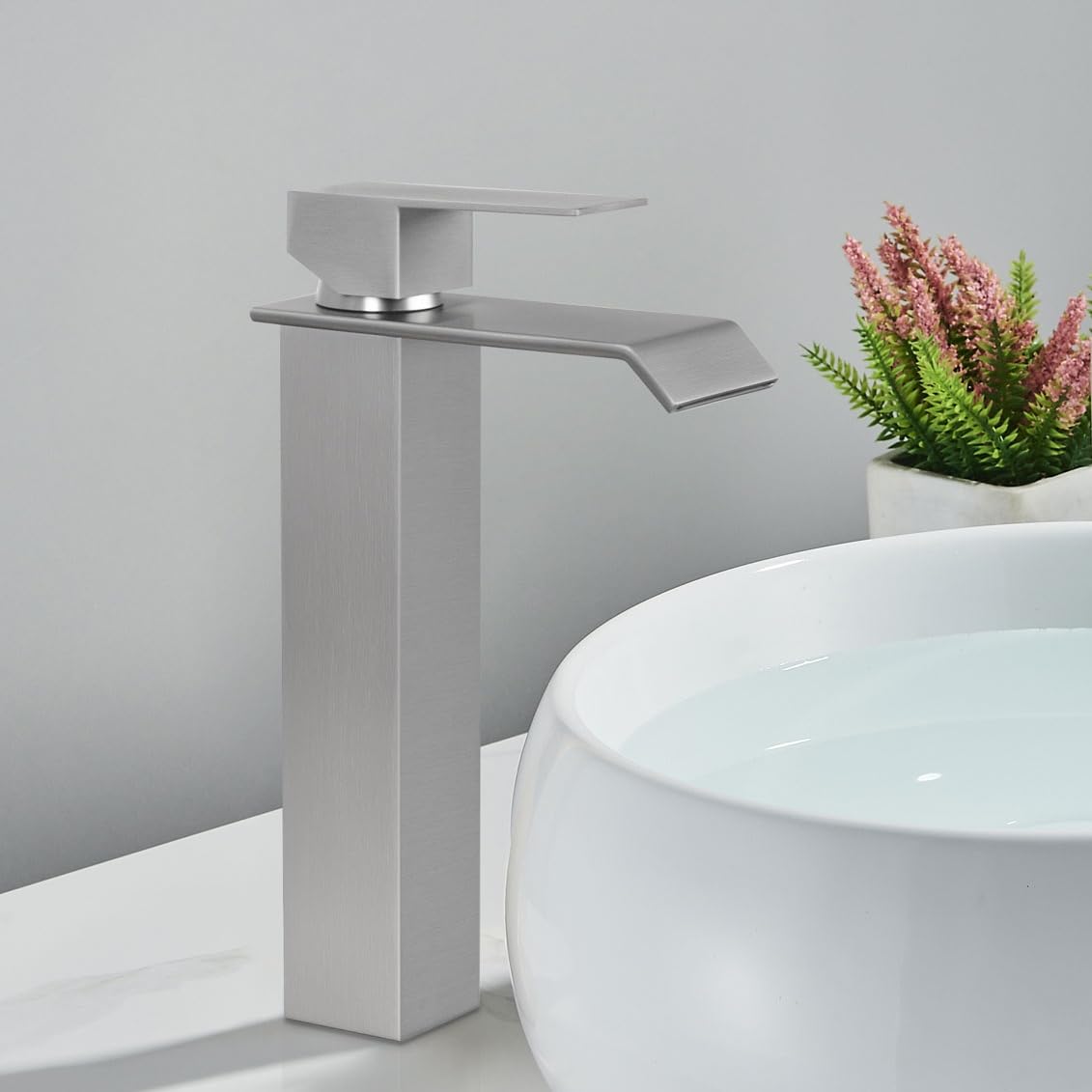 PHASAT Wasserfall Wasserhahn Bad, Hoch Wasserfall Waschtischarmatur, Moderner Mischbatterie Waschbecken für Aufsatzwaschbecken, Waschtisch Badezimmer, Gebürstetes Nickel PTMP17L