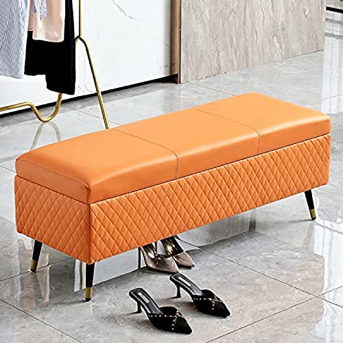 Banco de almacenamiento moderno de cuero naranja para dormitorio, entrada, banco tapizado de alta calidad, 60 x 40 x 45 cm