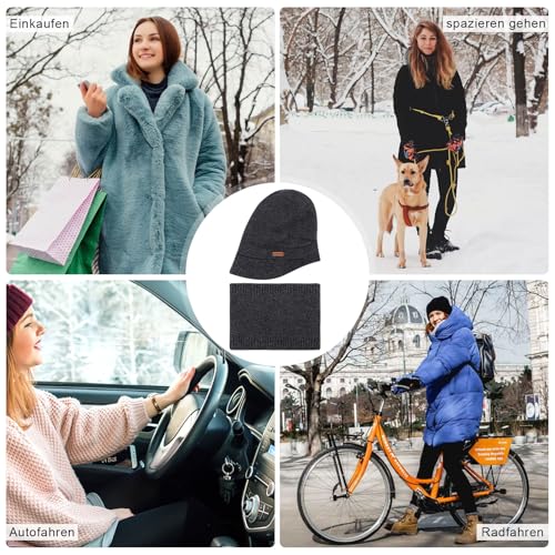 Fjquamitix Winter Mütze Damen mit Schal Set, Strickmütze für Damen mit Visier und Weichem Innenfutter, Warme Herbst Mütze und Schal Kombinationsset