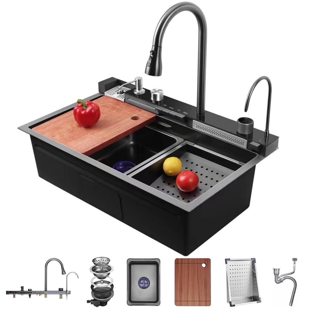 ZQFHSX Single-Bowl Waterfall Sink Multifunctional Kitchen Workstation Pull-Down Faucet And Complete Accessory Set