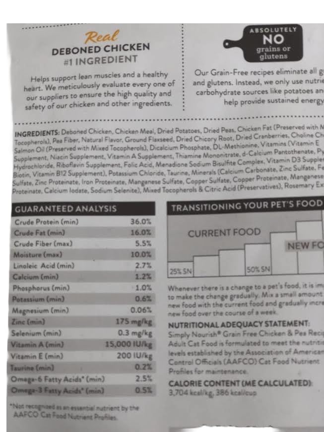 SIMPLY NOURISH Grain Free Adult Cat Chicken & Pea Recipe.1-3 Pound Bag.