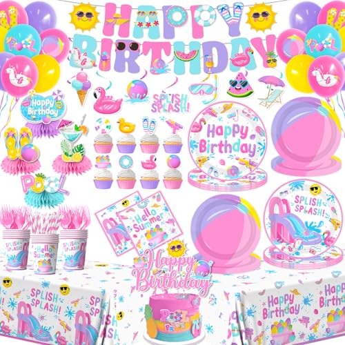 Splish Splash Birthday Decorations Pink Summer Pool Birthday Party Tableware Disposable Paper Plates Napkins Tablecloth Balloon Cake Topper Banner for Beach Waterslide Themed Party Supplies Serve 24